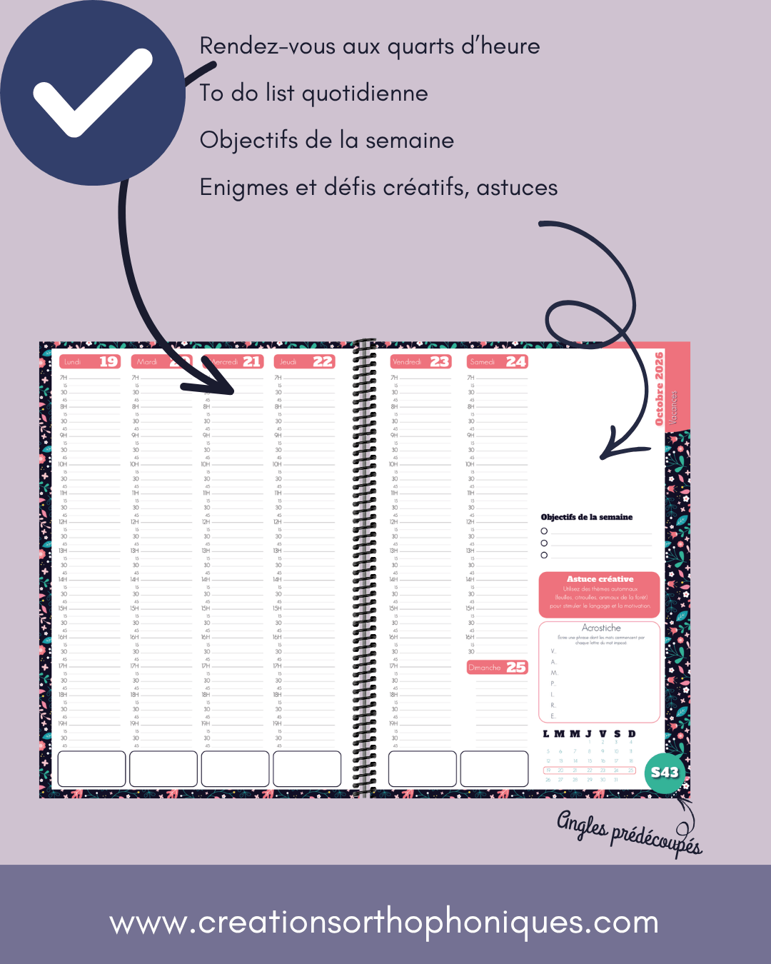 Créations orthophoniques Organisation Agenda semainier 2027 16,5x23,5 cm