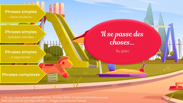Créations orthophoniques Lecture Il se passe des choses parc printemps CP
