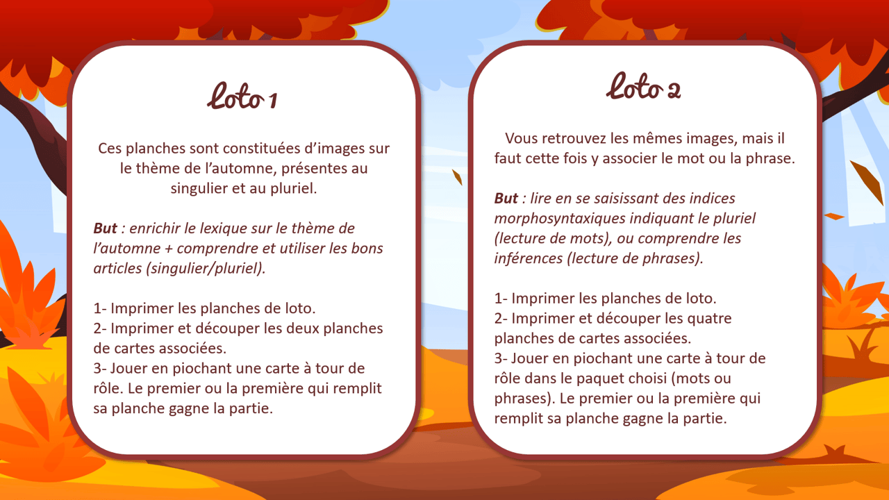 Créations orthophoniques Jeux d'automne loto lecture 2 jeux