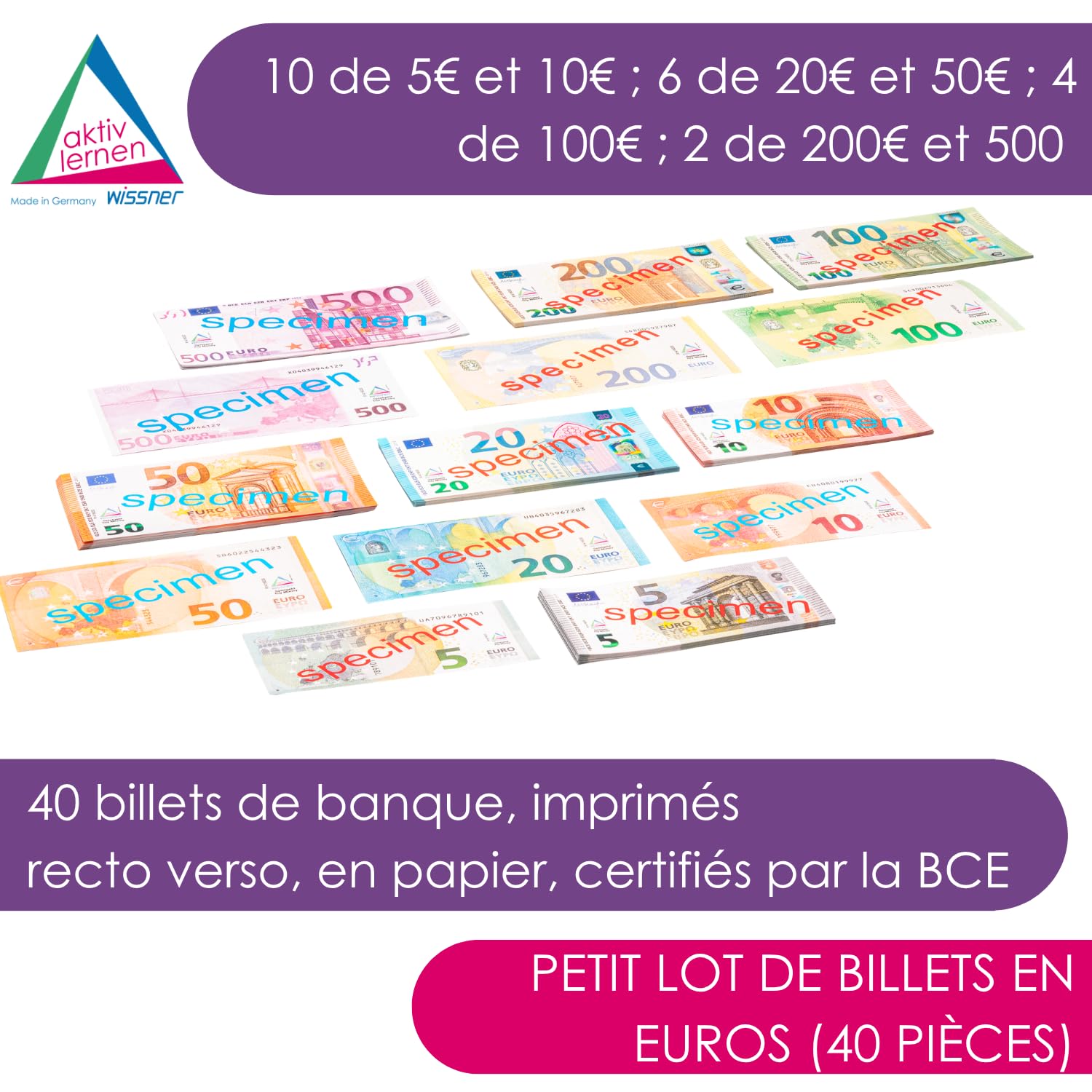 Wissner Lernspiele faux billets euros papier lot 40