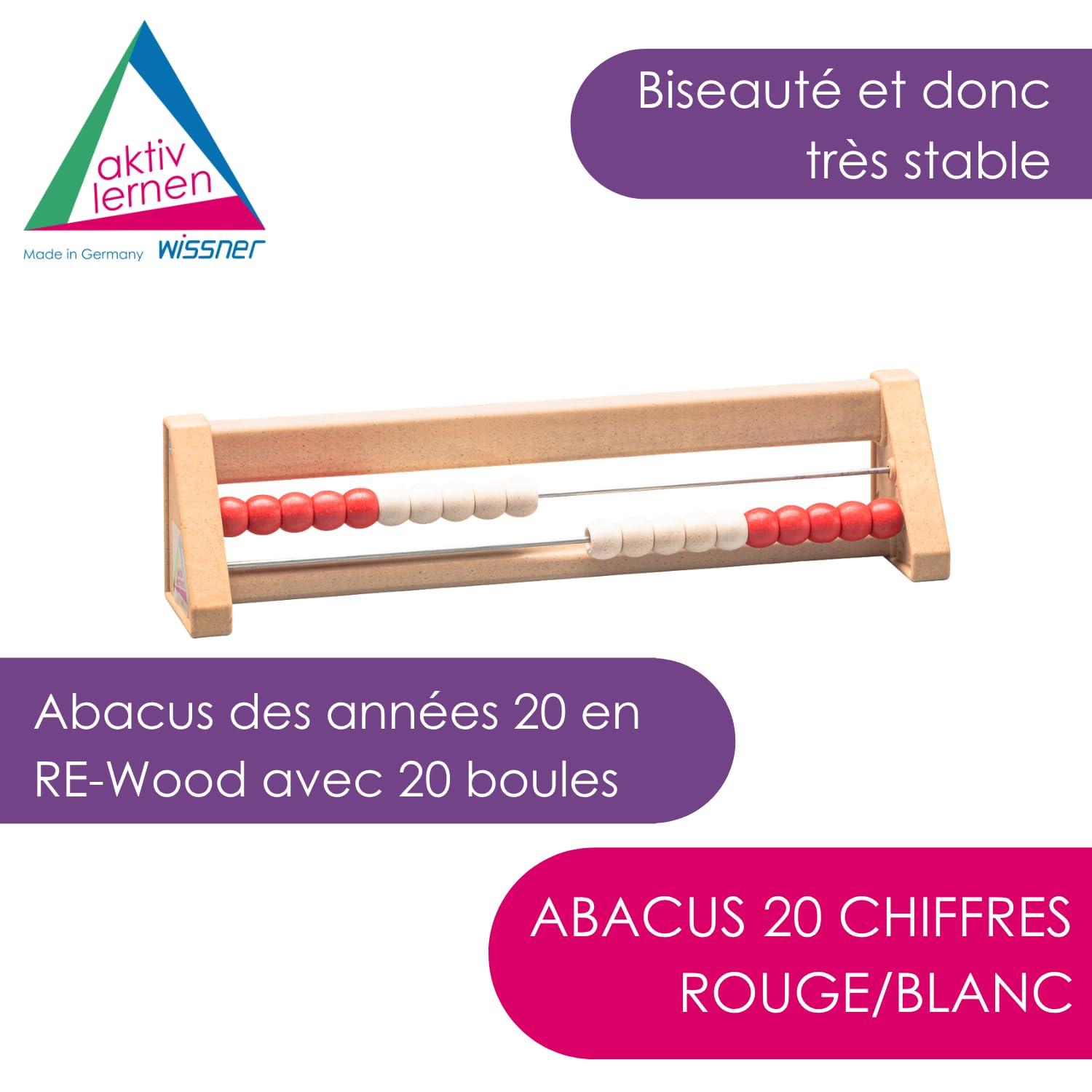 Wissner Zahlen boulier compteur 20 boules rouge blanc incliné