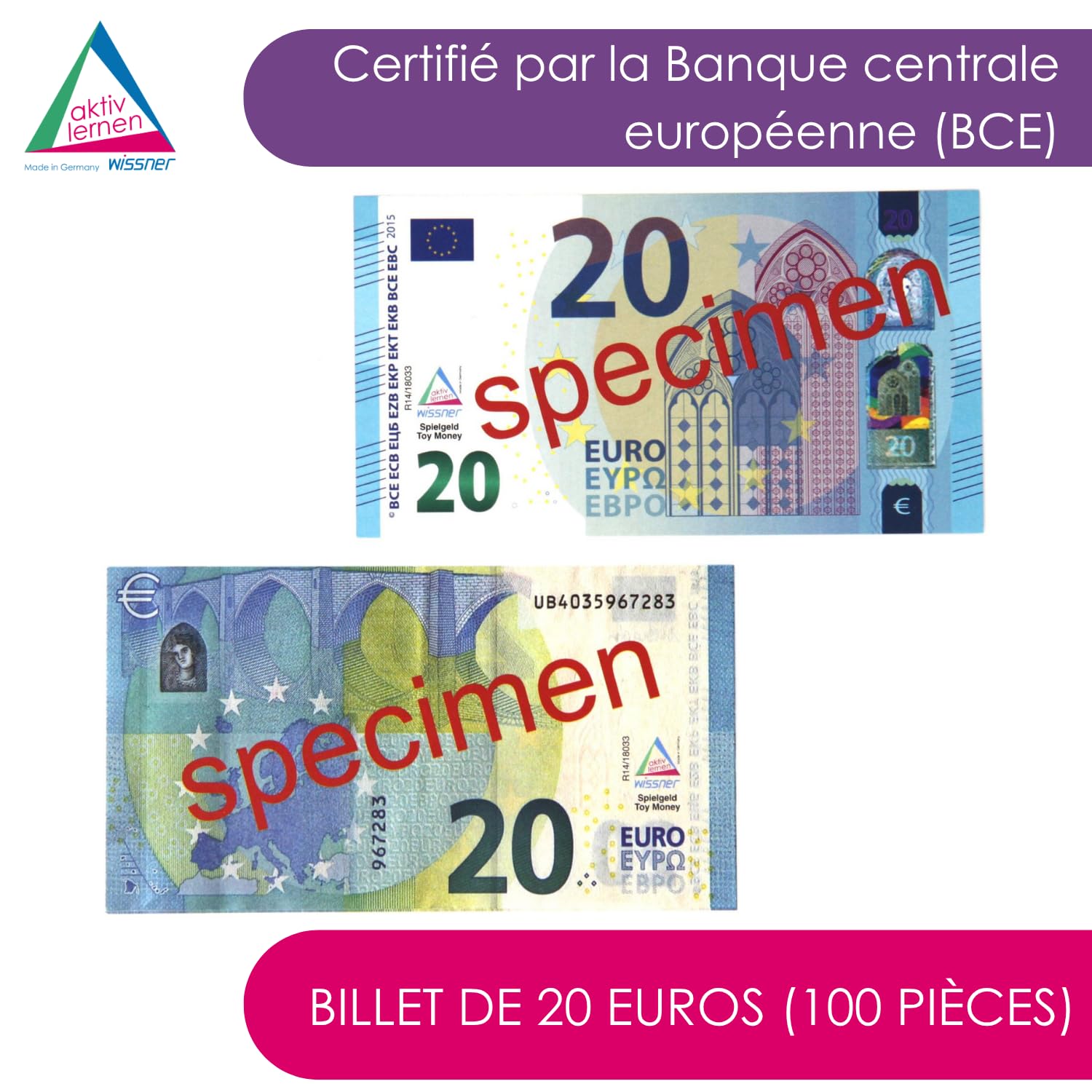 Wissner Lernspiele 100 billets 20 euros monnaie pédagogique papier