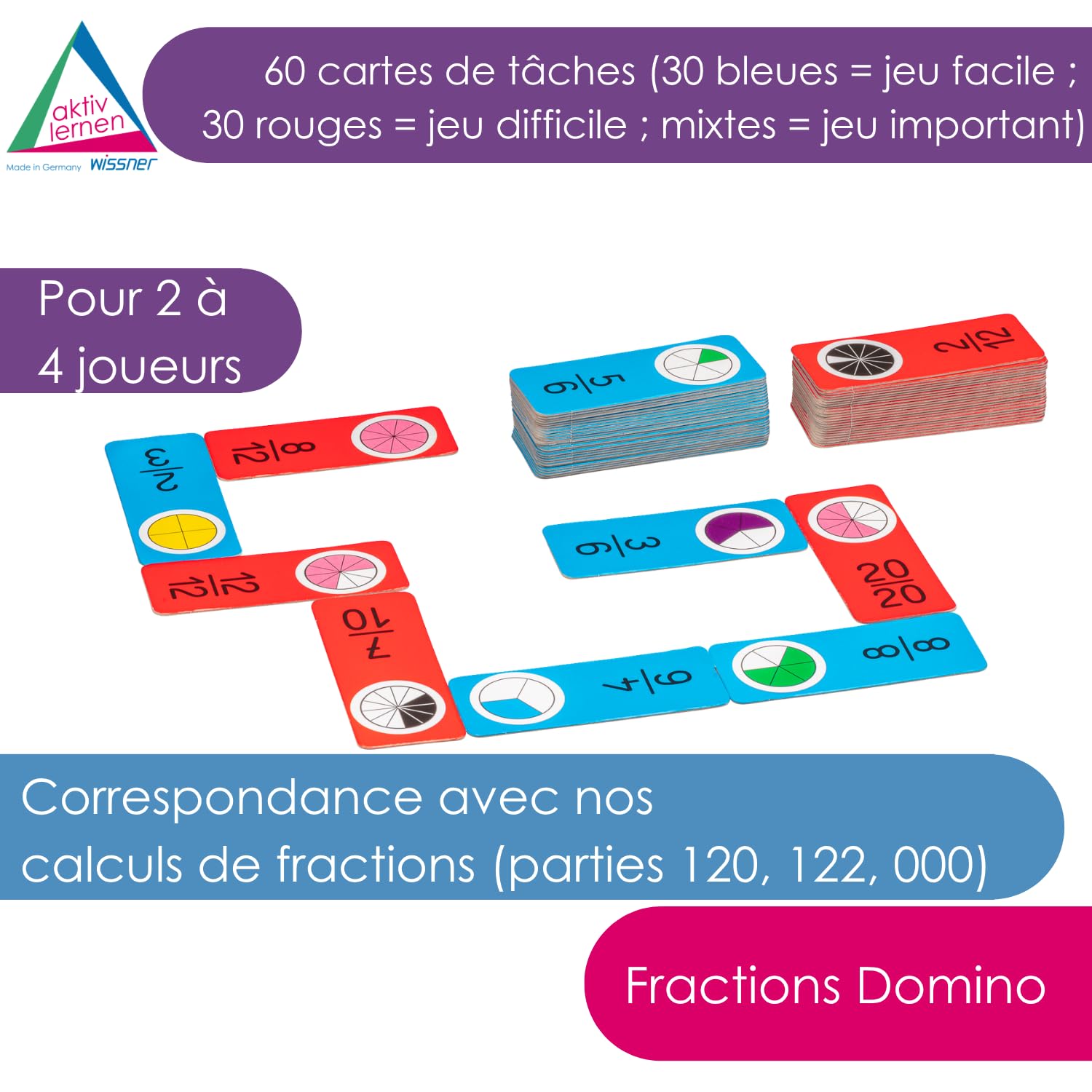 Wissner Lernspiele domino fractions 60 cartes bleu rouge