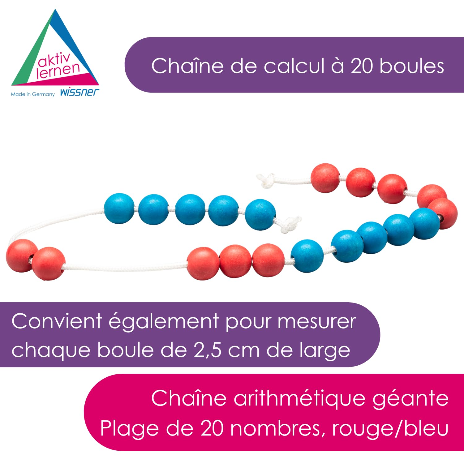 Wissner Zahlen & Rechnen chaîne calcul Jumbo 20 perles rouge bleu