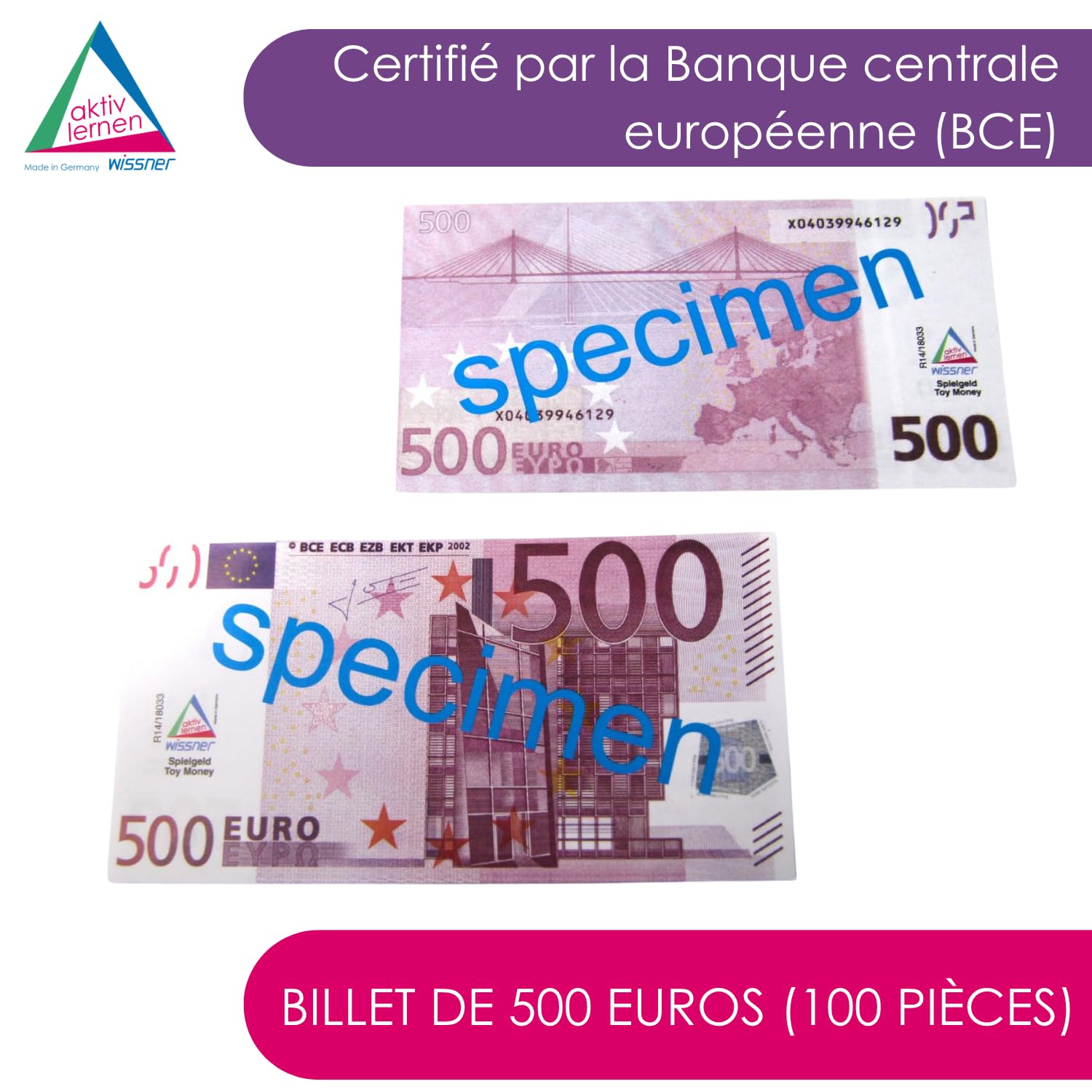 Wissner Lernspiele Billets 500 Euros sachet 100 pièces