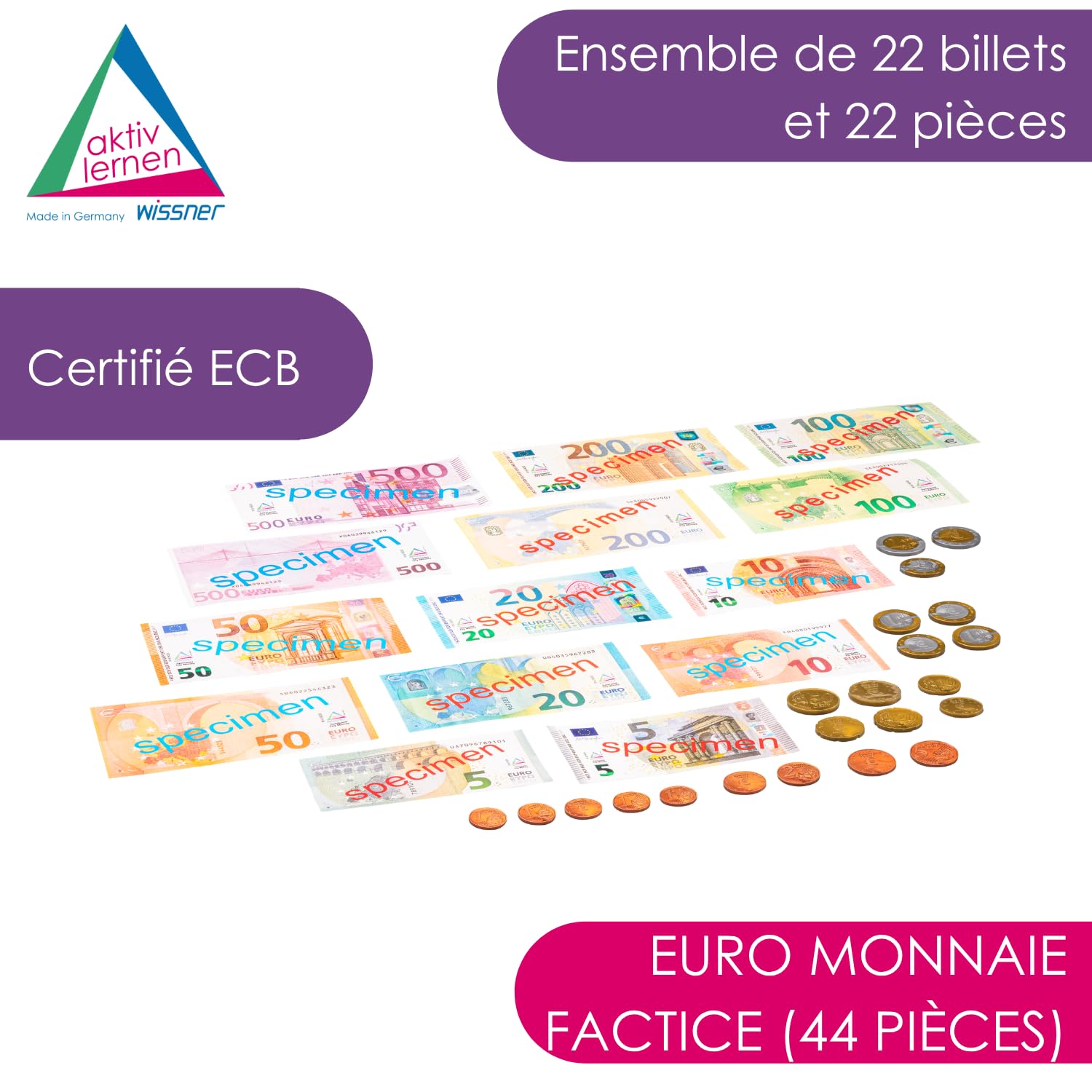 Wissner Lernspiele jeu de la monnaie euros 44 pièces et billets
