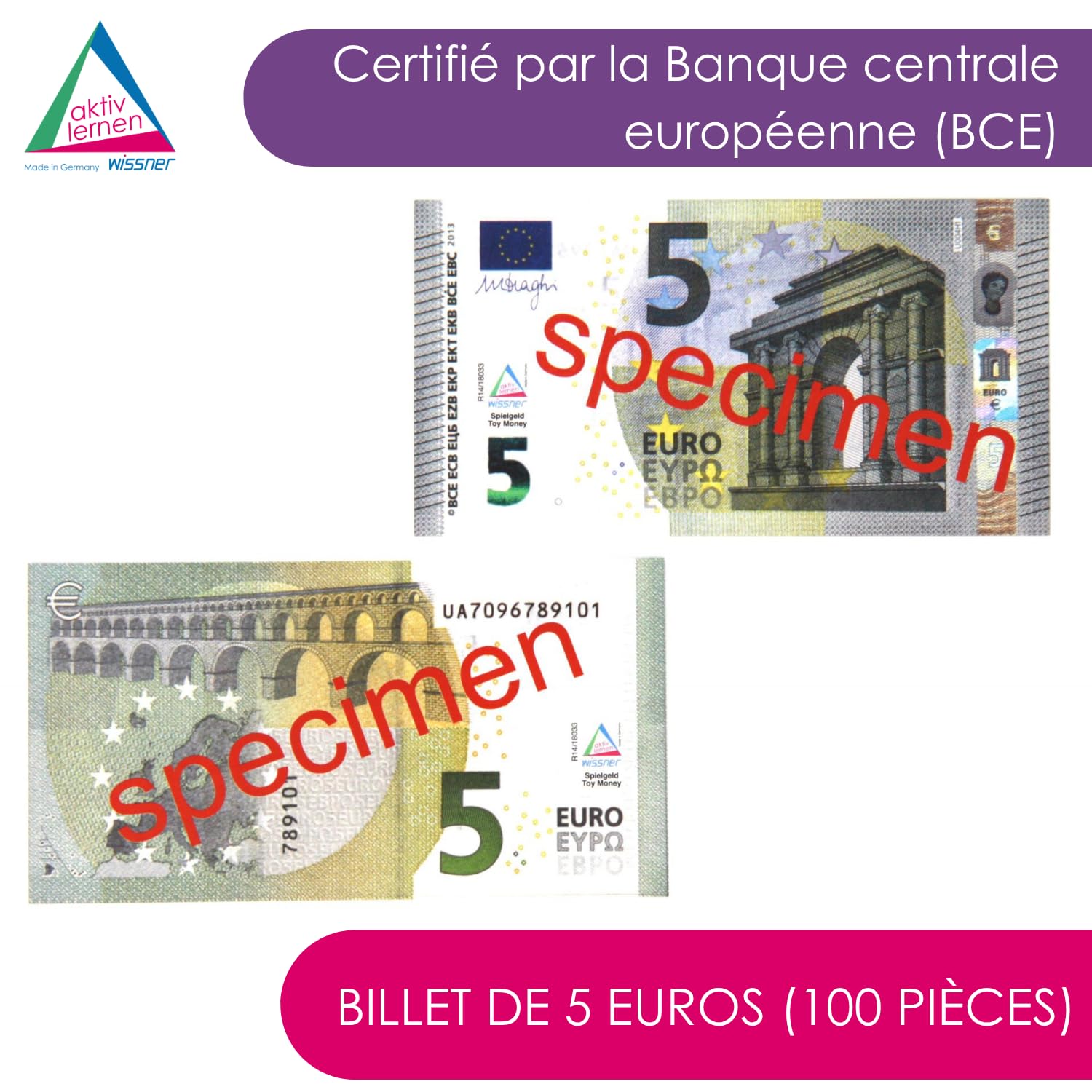 Wissner Lernspiele 100 billets 5 euros papier renforcé