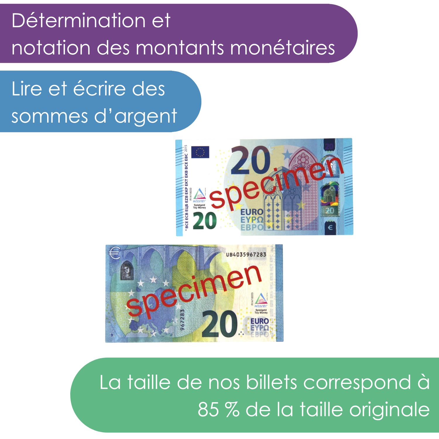 Wissner Lernspiele 100 billets 20 euros monnaie pédagogique papier
