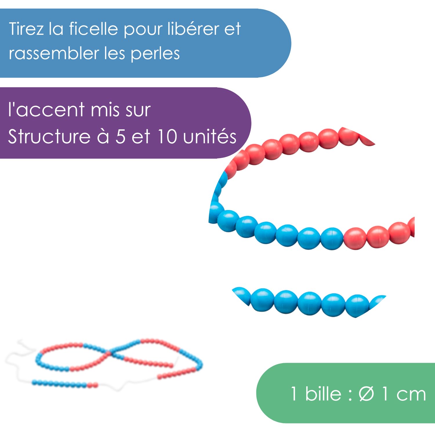 Wissner Zahlen Rechnen chaîne calcul 100 perles 10 mm 150 cm