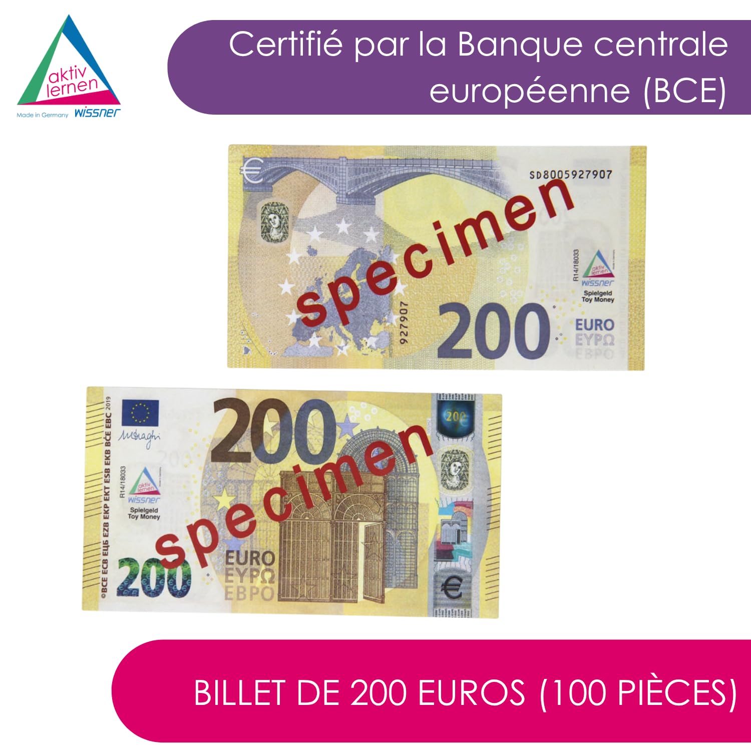 Wissner Lernspiele 100 billets 200 euros jeu monnaie sachet