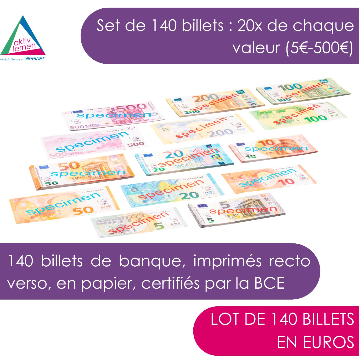 Wissner Lernspiele billets euros jouet 140 billets recto verso