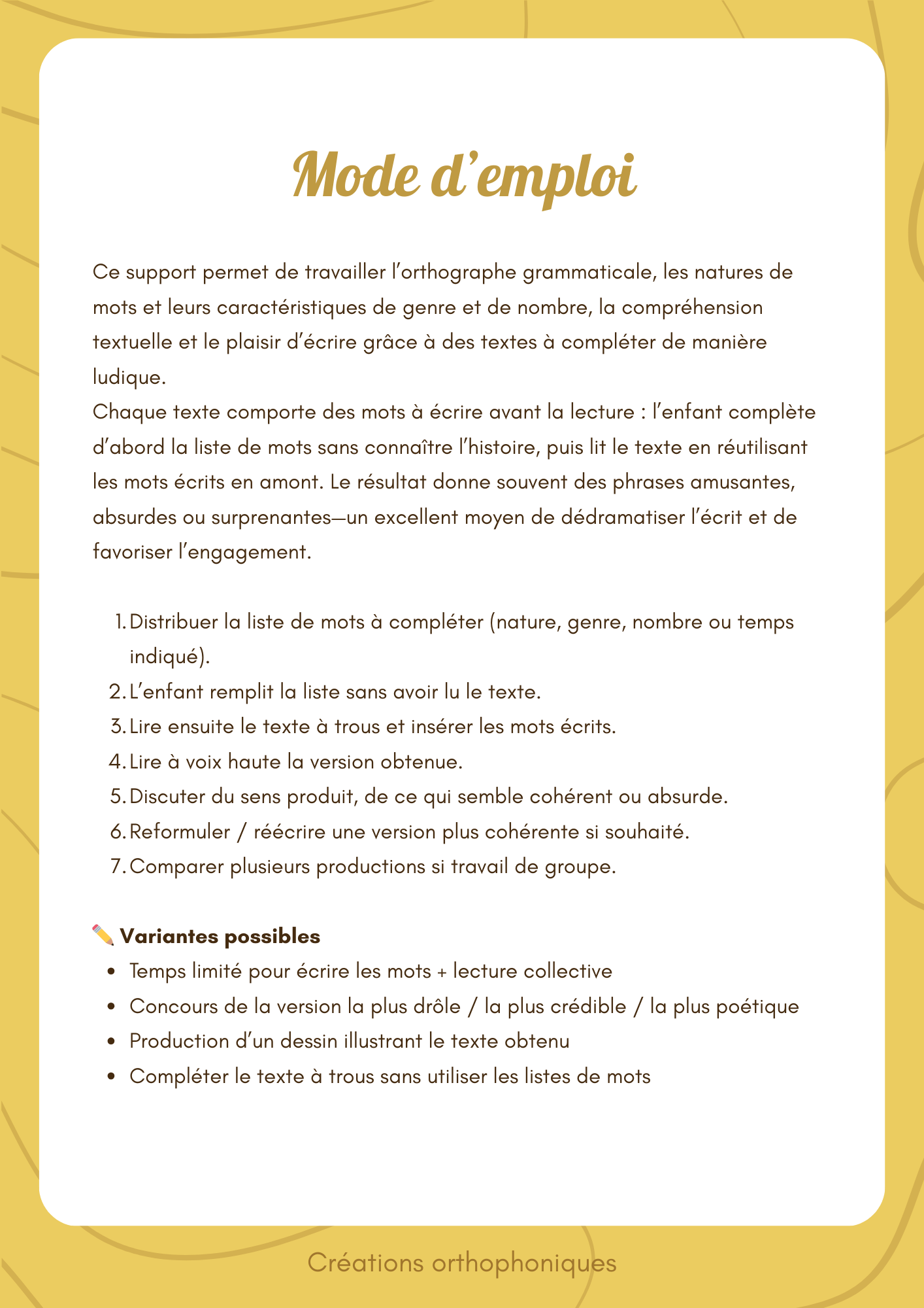 Créations orthophoniques Complète-moi jeu orthographe 12 textes pdf